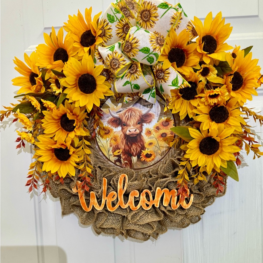 Handmade 18” Baby Highland Cow, Sunflowers, Welcome Sign, Burlap Ruffle Wreath